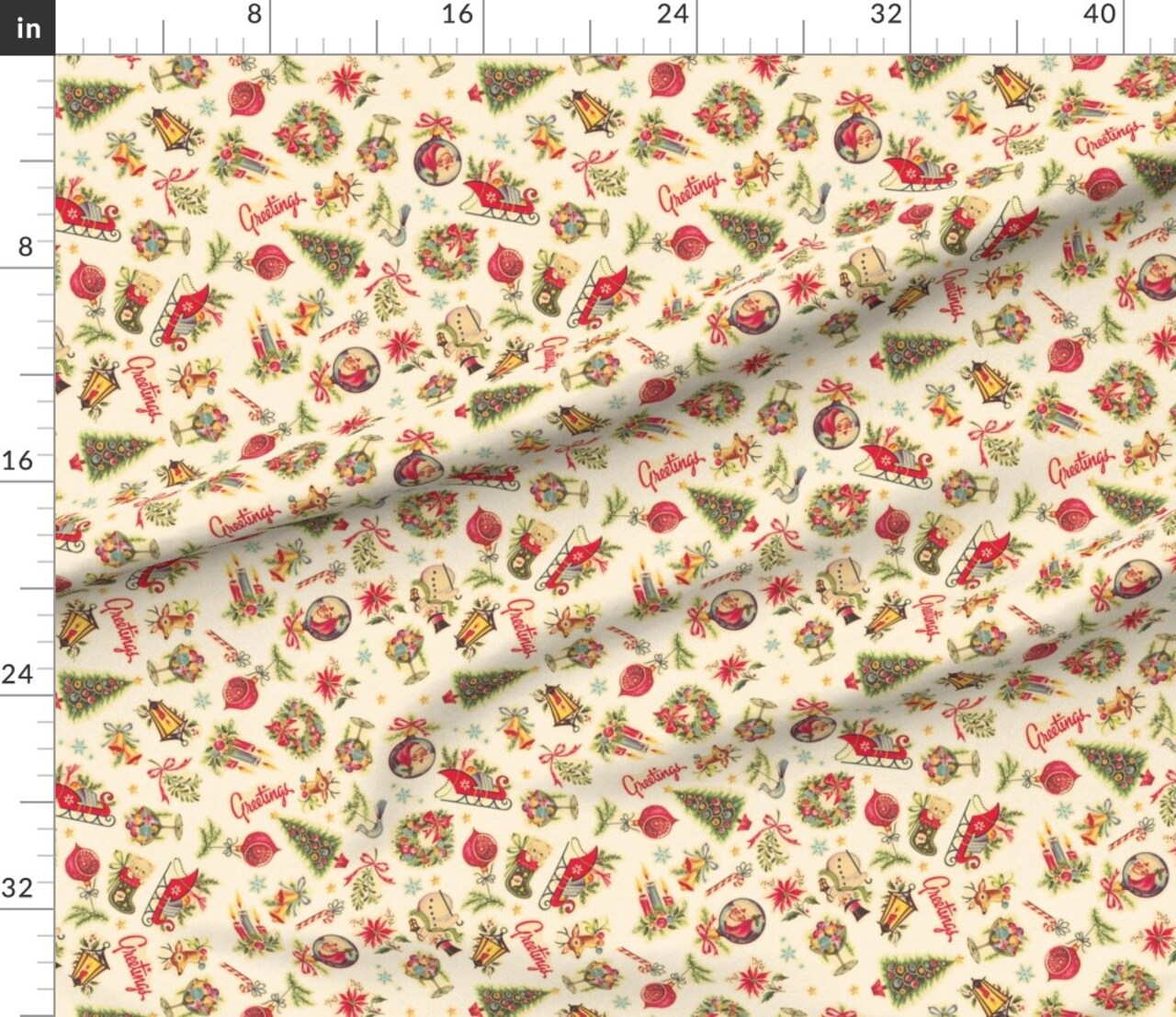 Retro Decals Vintage Xmas Holiday Tree Candycane Ornaments Santa Wreath Custom Printed Fabric by Spoonflower Various Fabrics by the Yard or Fat Quarter